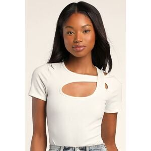 Lulus Peep Me Ivory Ribbed Short Sleeve Cutout Bodysuit White - Size L